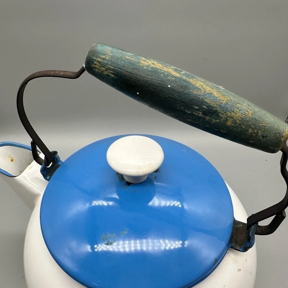 Vintage stainless steel blue & white teapot